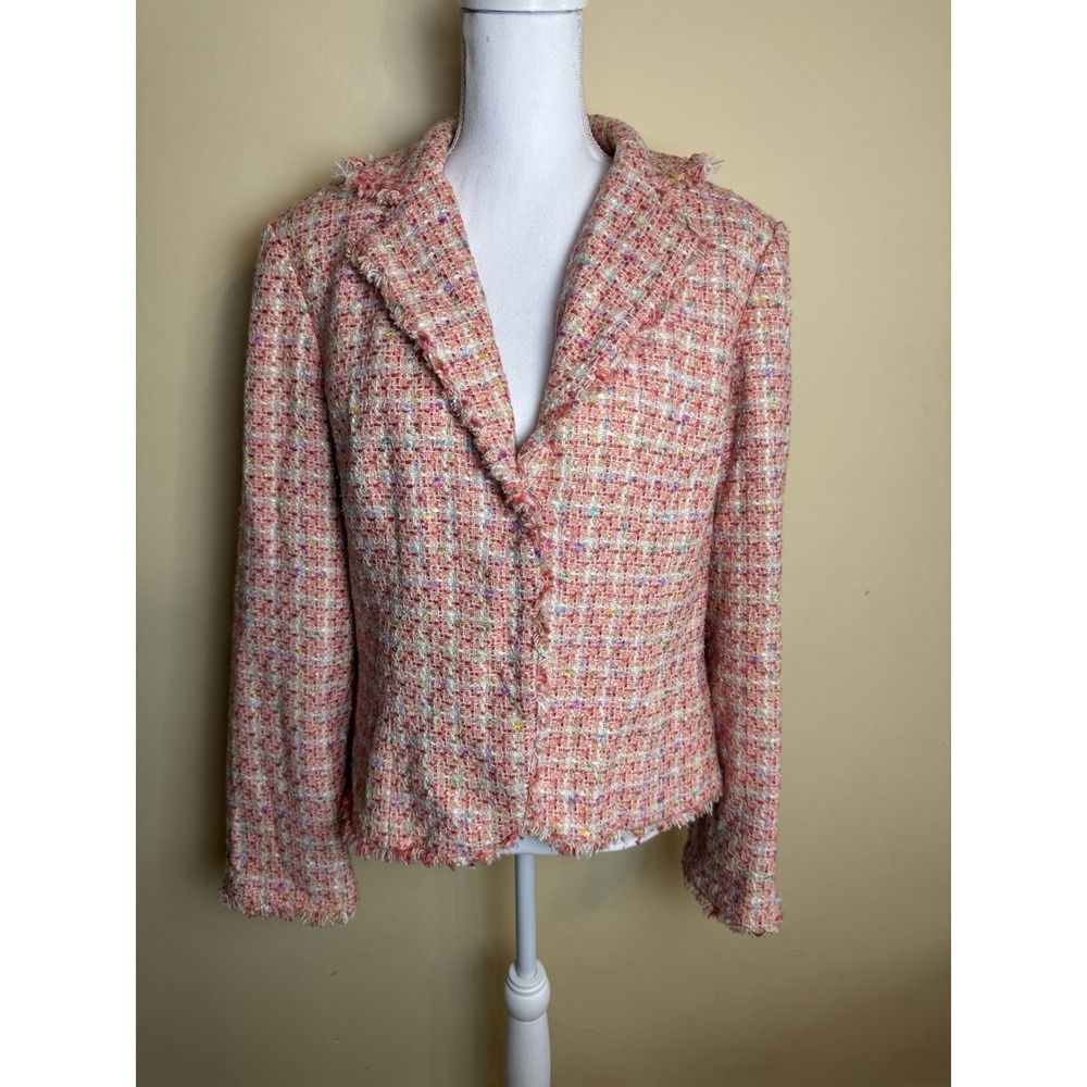 Vision Apparel Blazer Women's 14 Pink Tweed with Fringe Silk Blend Jacket